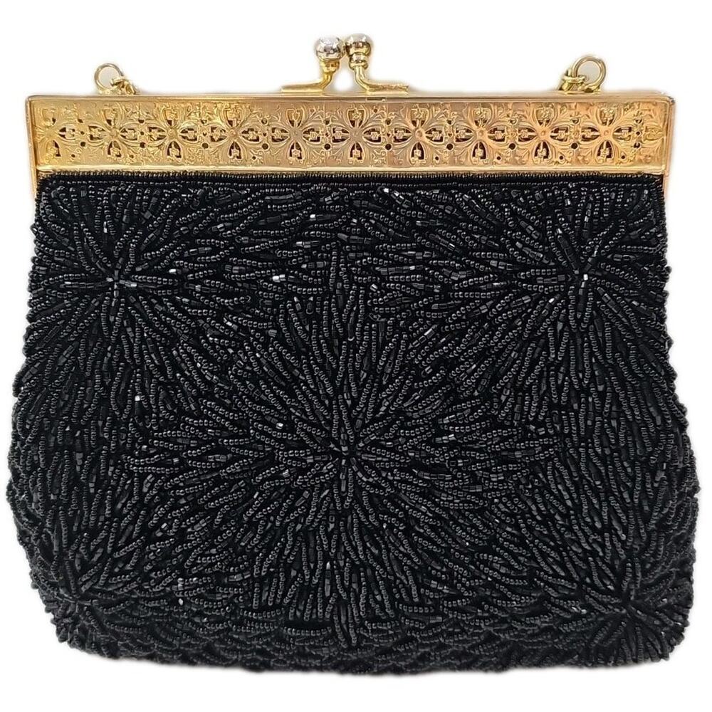 Vintage Walbaeg Beaded Evening Bag 1970's Black w Gold Finish Hardware - Picture 9 of 9